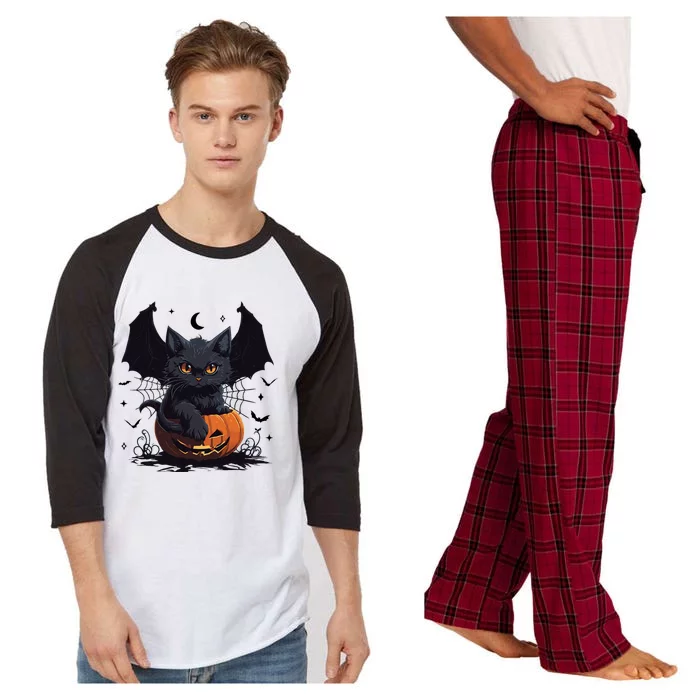 Cute Black Cat With Bat Wings Jack O Lantern Kitty Halloween Raglan Sleeve Pajama Set