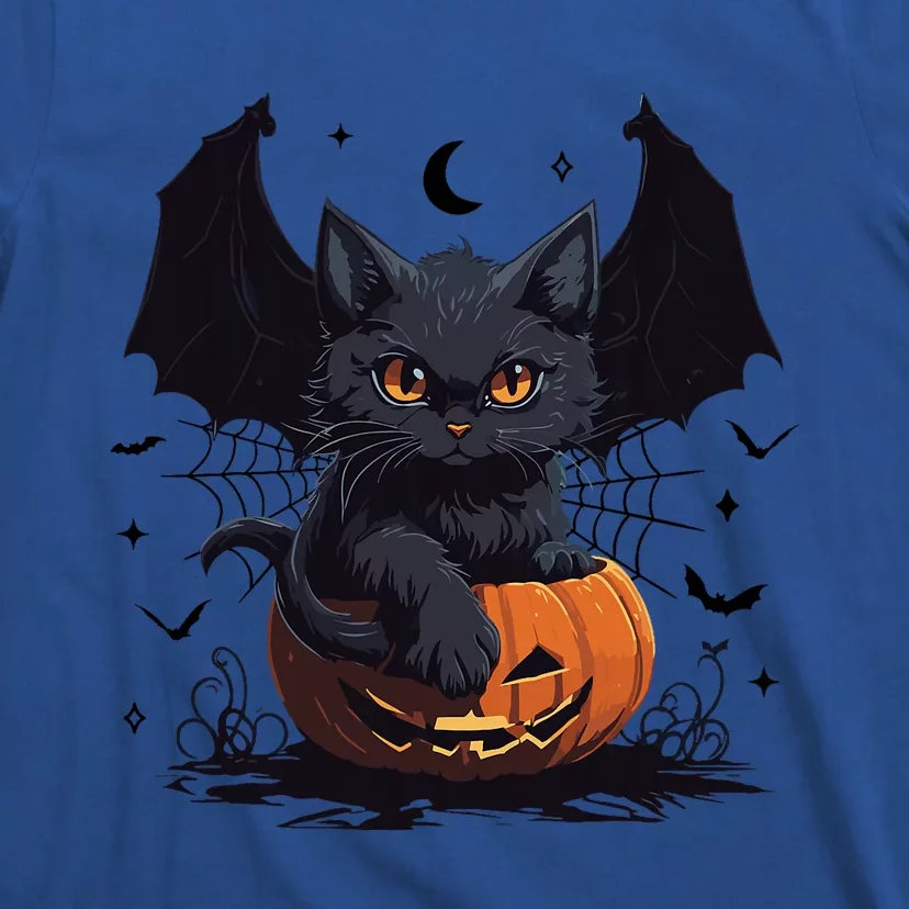 Cute Black Cat With Bat Wings Jack O Lantern Kitty Halloween T-Shirt