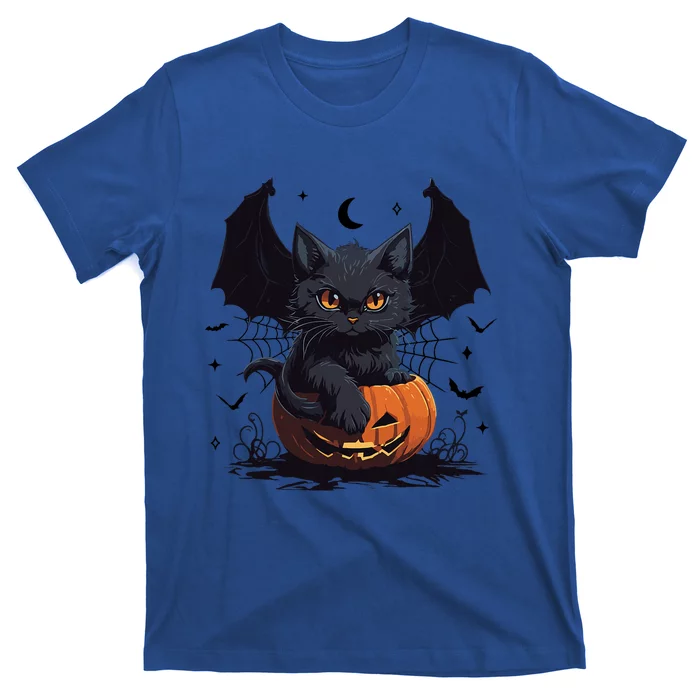 Cute Black Cat With Bat Wings Jack O Lantern Kitty Halloween T-Shirt