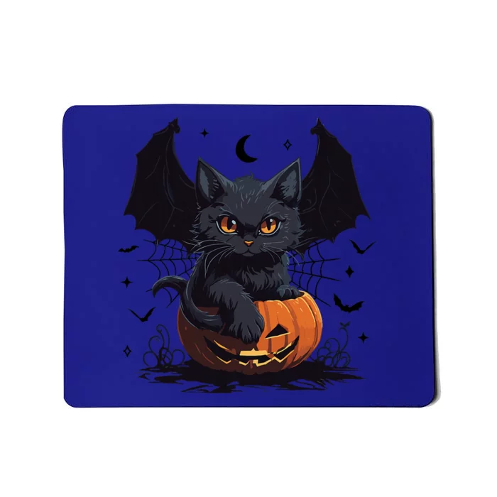 Cute Black Cat With Bat Wings Jack O Lantern Kitty Halloween Mousepad