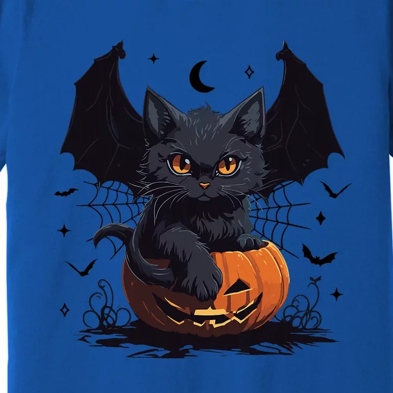 Cute Black Cat With Bat Wings Jack O Lantern Kitty Halloween Premium T-Shirt