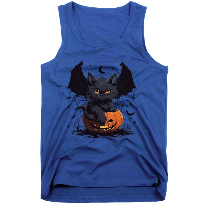 Cute Black Cat With Bat Wings Jack O Lantern Kitty Halloween Tank Top