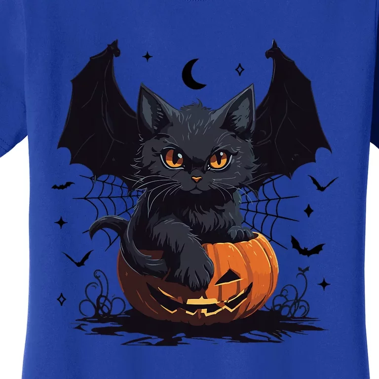 Cute Black Cat With Bat Wings Jack O Lantern Kitty Halloween Women's T-Shirt