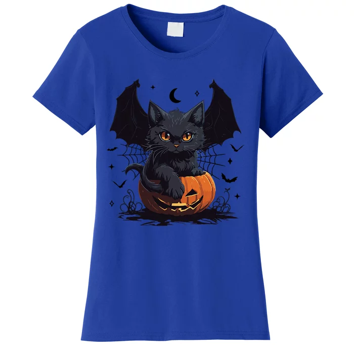 Cute Black Cat With Bat Wings Jack O Lantern Kitty Halloween Women's T-Shirt