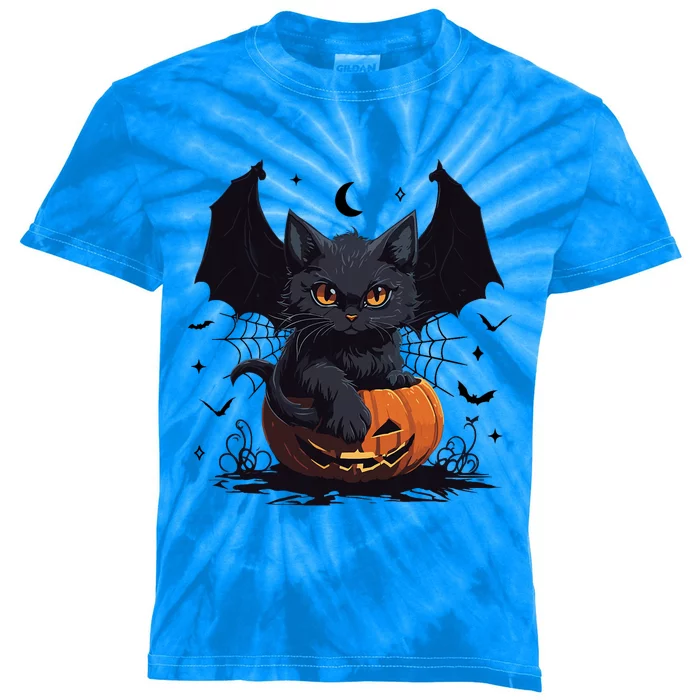 Cute Black Cat With Bat Wings Jack O Lantern Kitty Halloween Kids Tie-Dye T-Shirt