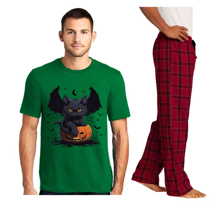 Cute Black Cat With Bat Wings Jack O Lantern Kitty Halloween Pajama Set