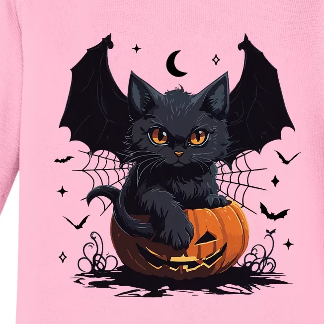 Cute Black Cat With Bat Wings Jack O Lantern Kitty Halloween Baby Long Sleeve Bodysuit