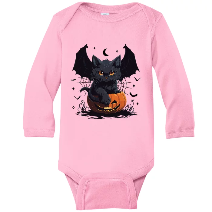 Cute Black Cat With Bat Wings Jack O Lantern Kitty Halloween Baby Long Sleeve Bodysuit