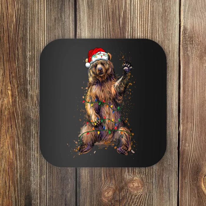 Cute Bear Christmas Lights Santa Hat Merry Christmas Coaster