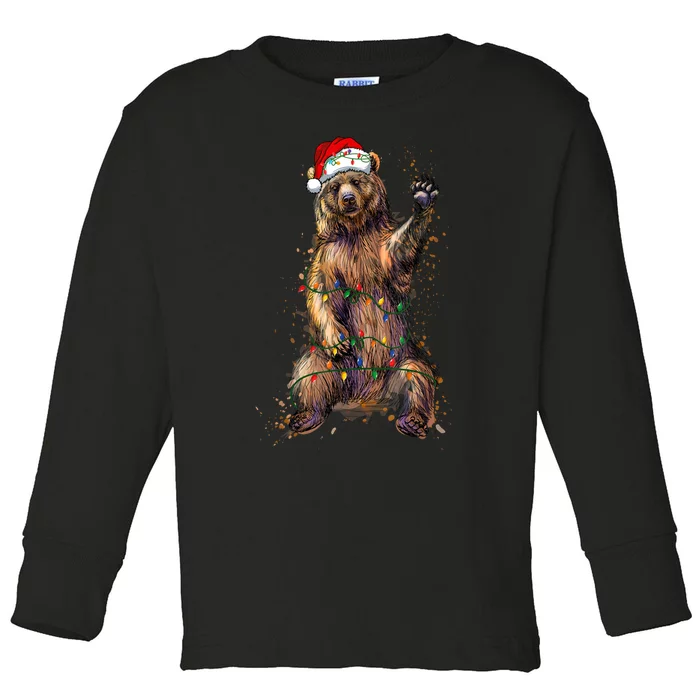 Cute Bear Christmas Lights Santa Hat Merry Christmas Toddler Long Sleeve Shirt