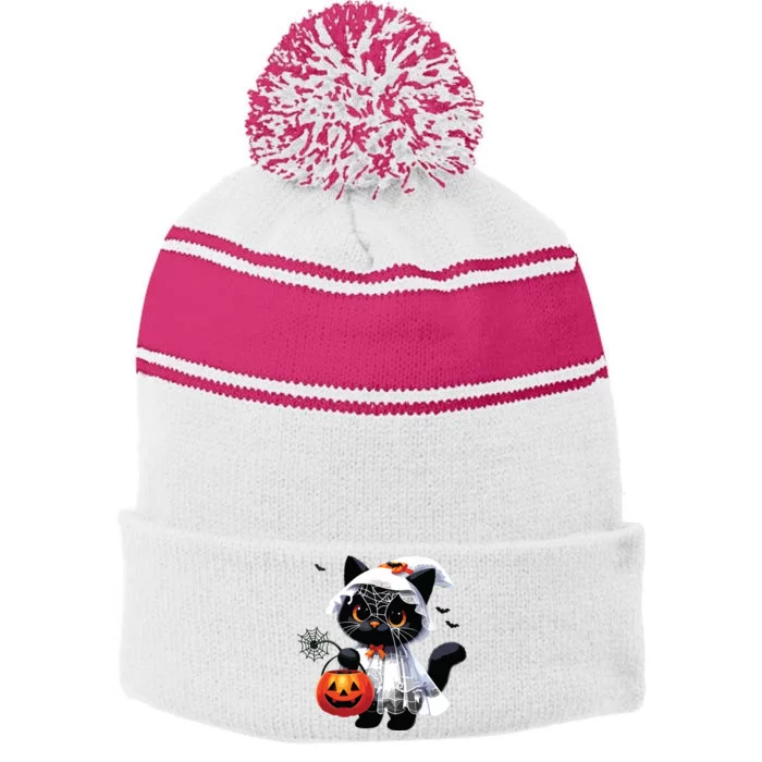 Cute Black Cats In Ghost Costume Halloween Stripe Pom Pom Beanie