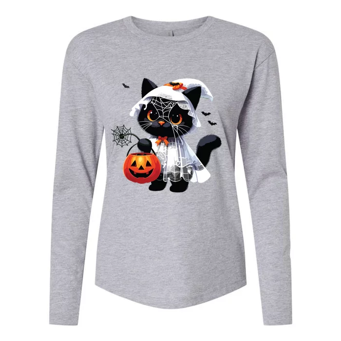 Cute Black Cats In Ghost Costume Halloween Womens Cotton Relaxed Long Sleeve T-Shirt