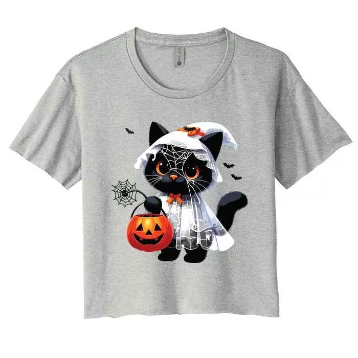 Cute Black Cats In Ghost Costume Halloween Women's Crop Top Tee