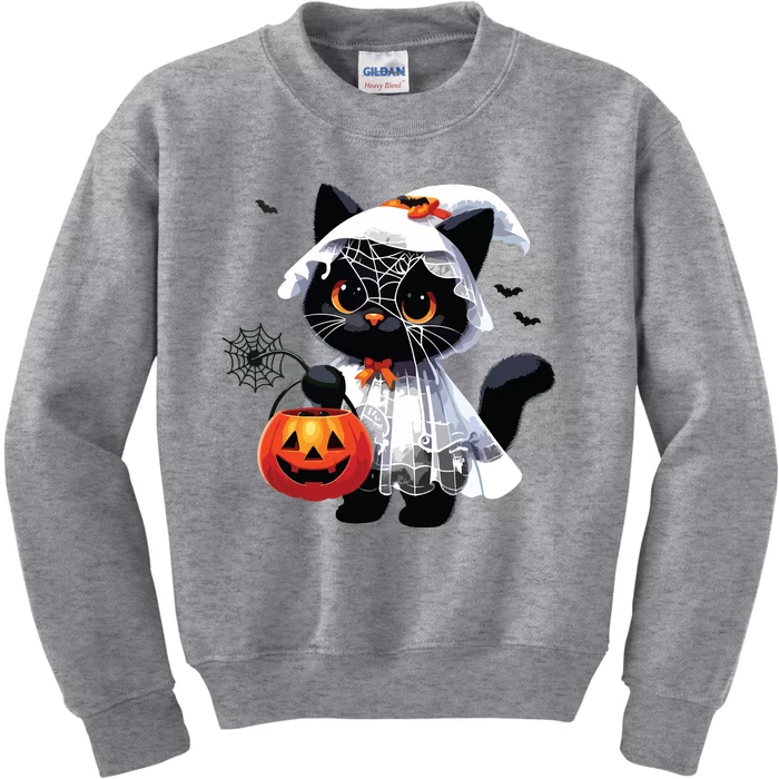 Cute Black Cats In Ghost Costume Halloween Kids Sweatshirt