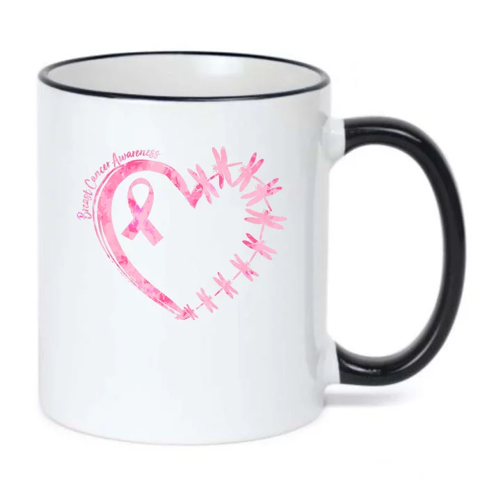 Cute Breast Cancer Awareness Dragonfly Heart Black Color Changing Mug