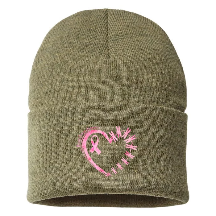 Cute Breast Cancer Awareness Dragonfly Heart Sustainable Knit Beanie