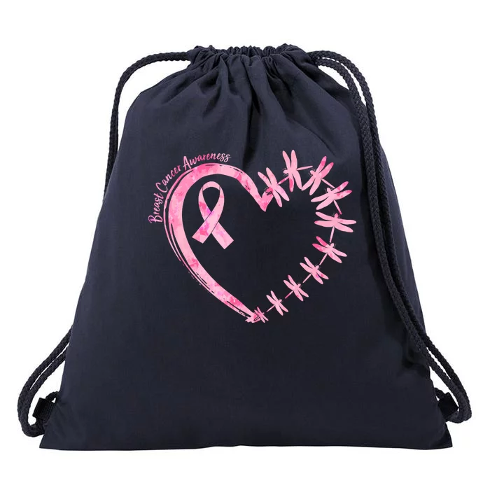 Cute Breast Cancer Awareness Dragonfly Heart Drawstring Bag