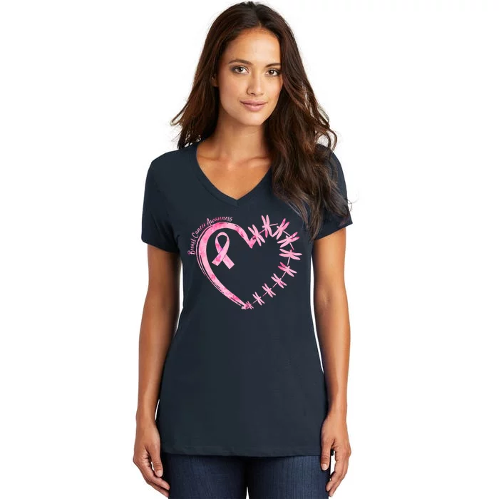 Cute Breast Cancer Awareness Dragonfly Heart Women's V-Neck T-Shirt