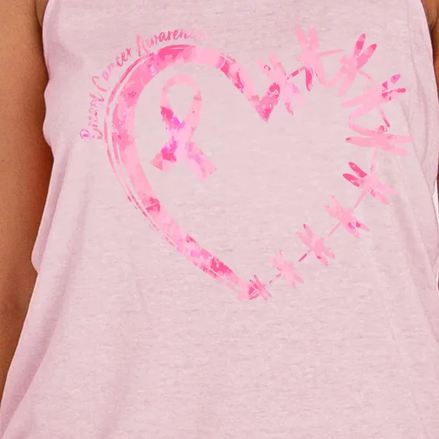 Cute Breast Cancer Awareness Dragonfly Heart Women's Knotted Racerback Tank