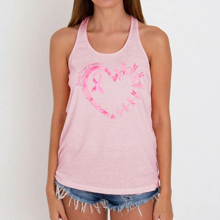 Cute Breast Cancer Awareness Dragonfly Heart Women's Knotted Racerback Tank