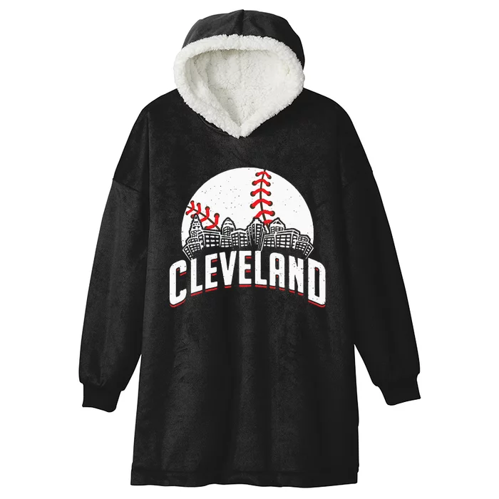 Cleveland Baseball Cityscape Skyline Retro Fan Hooded Wearable Blanket