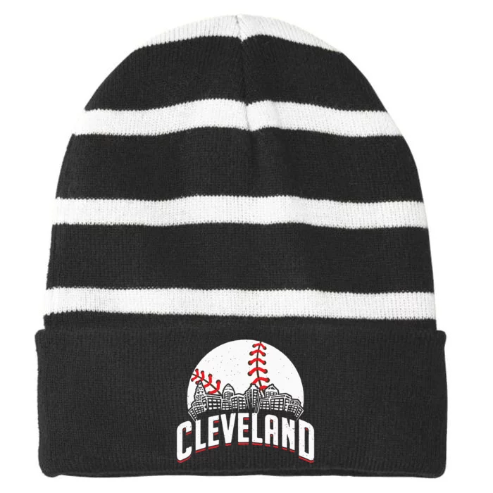 Cleveland Baseball Cityscape Skyline Retro Fan Striped Beanie with Solid Band