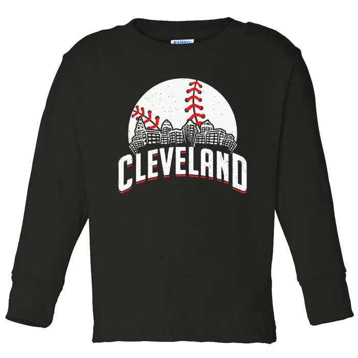 Cleveland Baseball Cityscape Skyline Retro Fan Toddler Long Sleeve Shirt