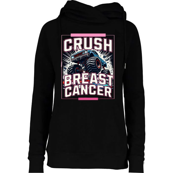 Crush Breast Cancer Awareness Monster Truck Womens Funnel Neck Pullover Hood