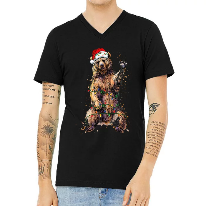 Cute bear Christmas Lights Santa Hat Merry Christmas V-Neck T-Shirt