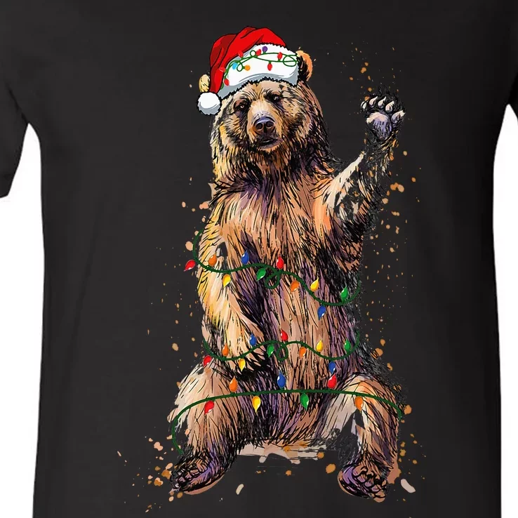 Cute bear Christmas Lights Santa Hat Merry Christmas V-Neck T-Shirt