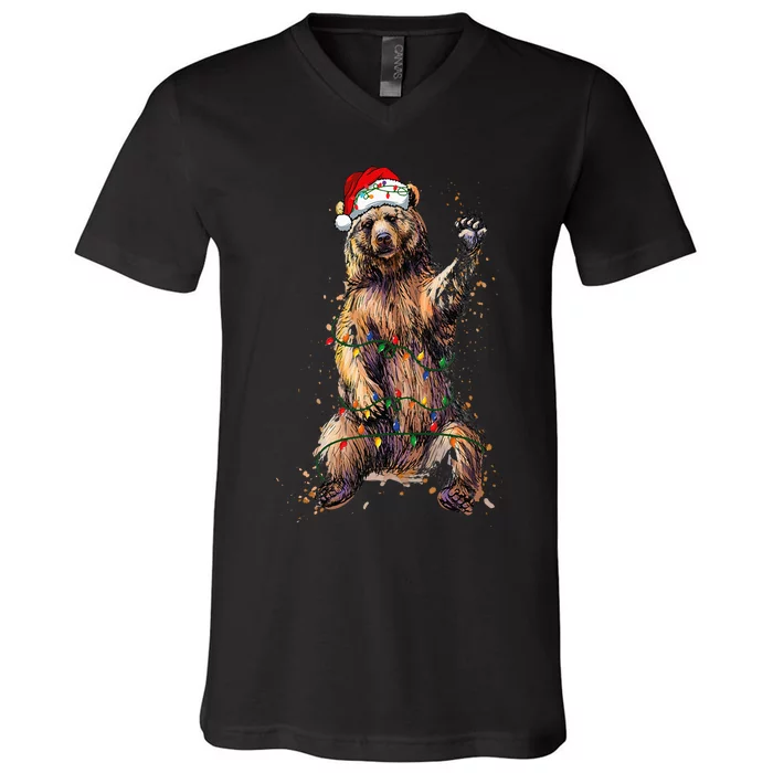 Cute bear Christmas Lights Santa Hat Merry Christmas V-Neck T-Shirt