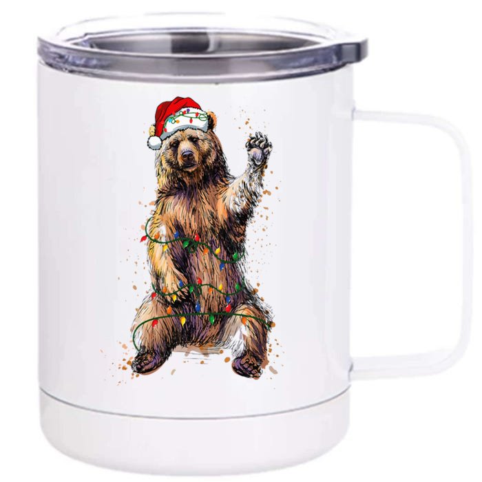 Cute bear Christmas Lights Santa Hat Merry Christmas Front & Back 12oz Stainless Steel Tumbler Cup