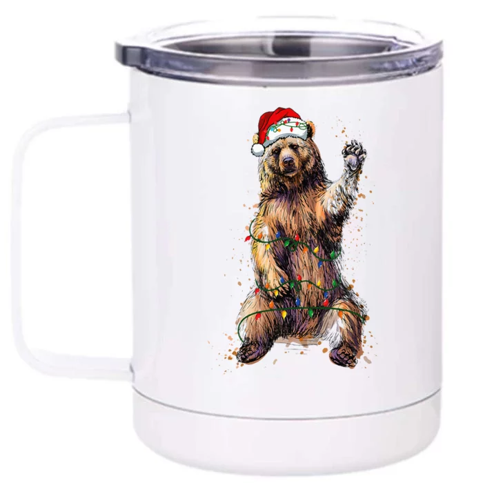 Cute bear Christmas Lights Santa Hat Merry Christmas Front & Back 12oz Stainless Steel Tumbler Cup