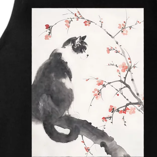 Cherry Blossom Cat Japanese Graphical Art Ink Style Ladies Tri-Blend Wicking Tank