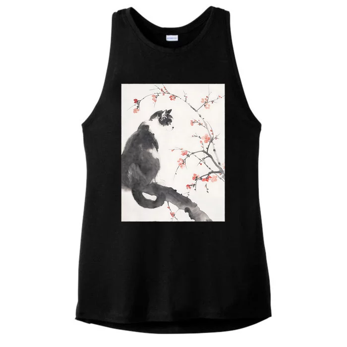 Cherry Blossom Cat Japanese Graphical Art Ink Style Ladies Tri-Blend Wicking Tank