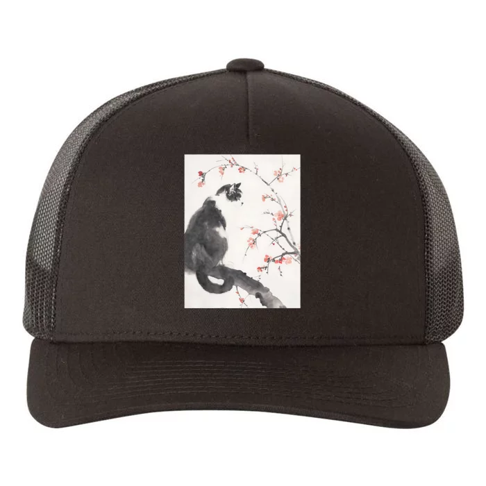 Cherry Blossom Cat Japanese Graphical Art Ink Style Yupoong Adult 5-Panel Trucker Hat