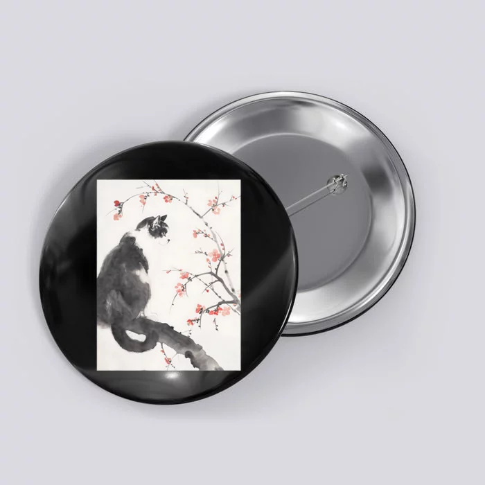 Cherry Blossom Cat Japanese Graphical Art Ink Style Button