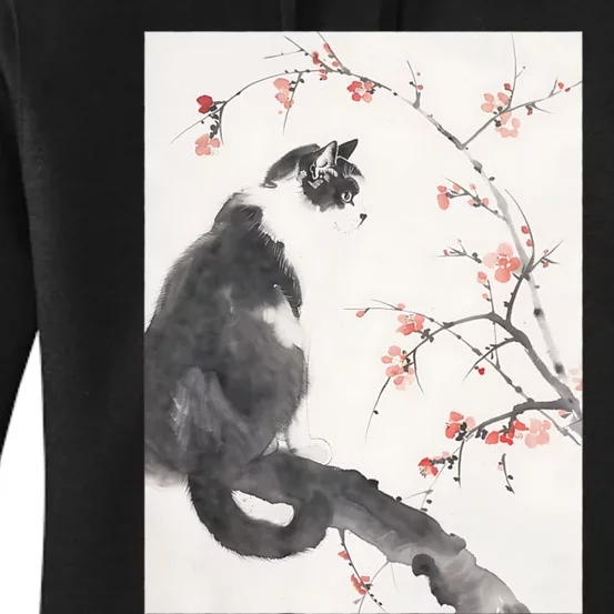 Cherry Blossom Cat Japanese Graphical Art Ink Style Women's Pullover Hoodie