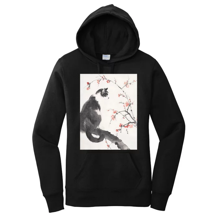 Cherry Blossom Cat Japanese Graphical Art Ink Style Women's Pullover Hoodie