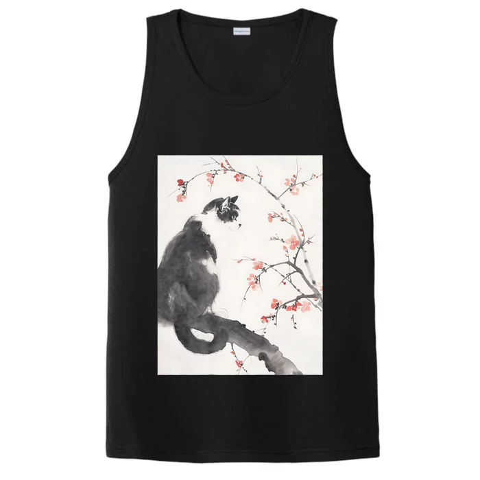 Cherry Blossom Cat Japanese Graphical Art Ink Style Performance Tank