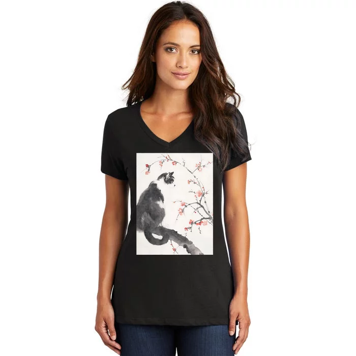 Cherry Blossom Cat Japanese Graphical Art Ink Style Women's V-Neck T-Shirt