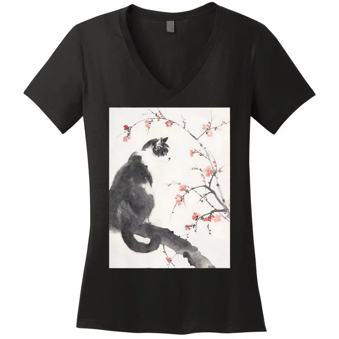 Cherry Blossom Cat Japanese Graphical Art Ink Style Women's V-Neck T-Shirt