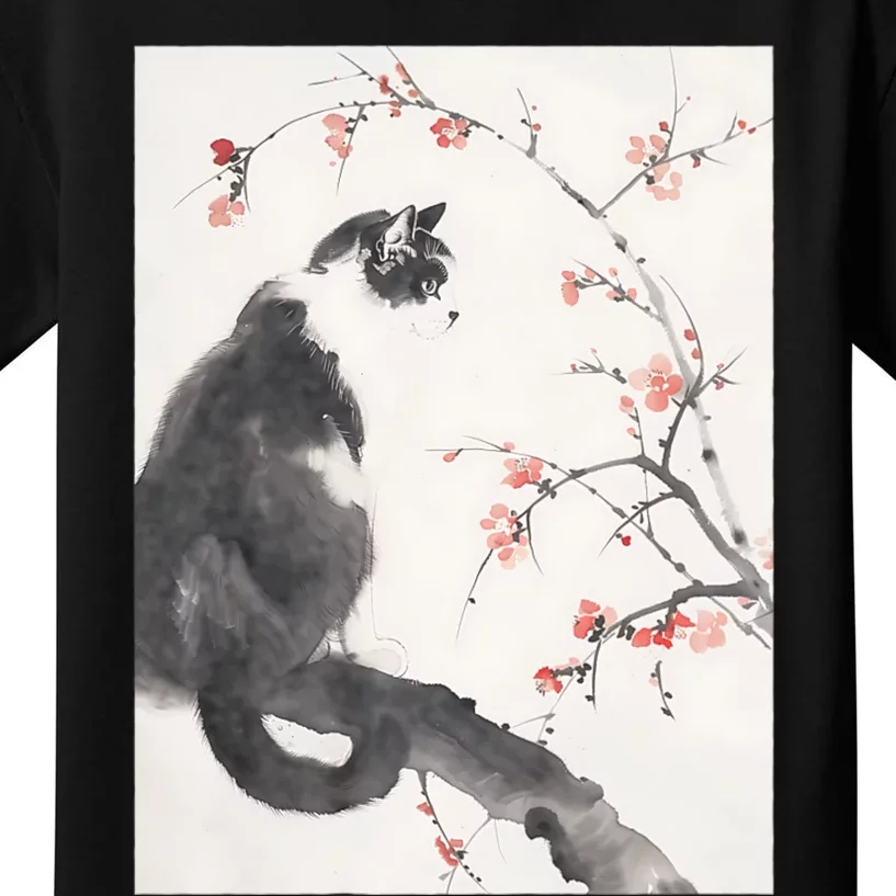 Cherry Blossom Cat Japanese Graphical Art Ink Style Kids T-Shirt