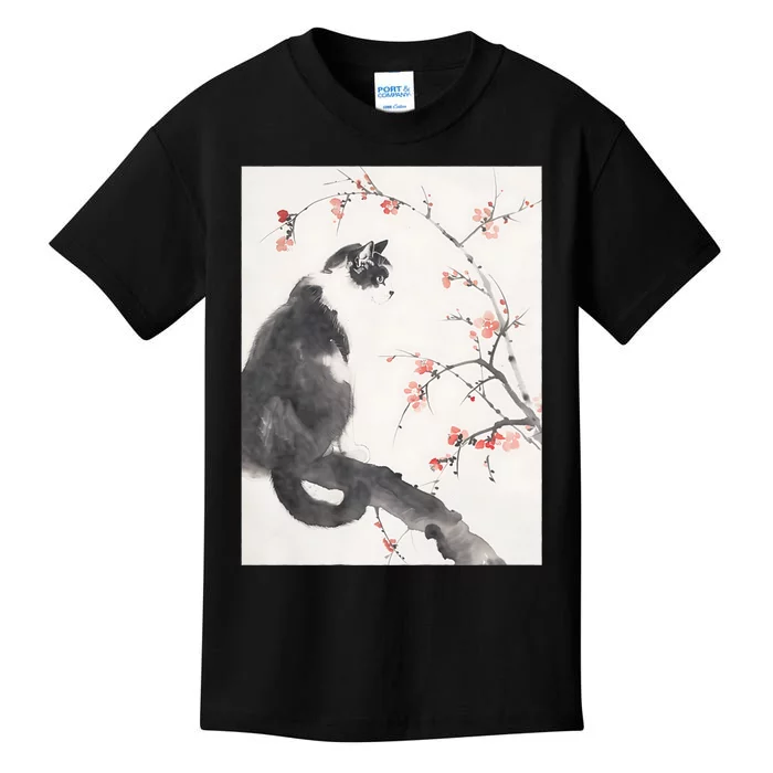 Cherry Blossom Cat Japanese Graphical Art Ink Style Kids T-Shirt