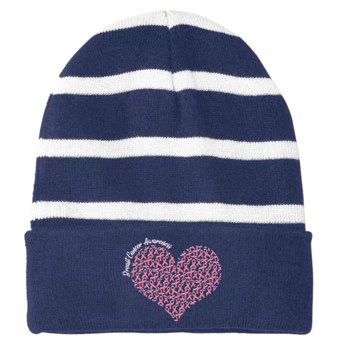 Cute Breast Cancer Awareness Ribbon Pattern Heart Striped Beanie with Solid Band