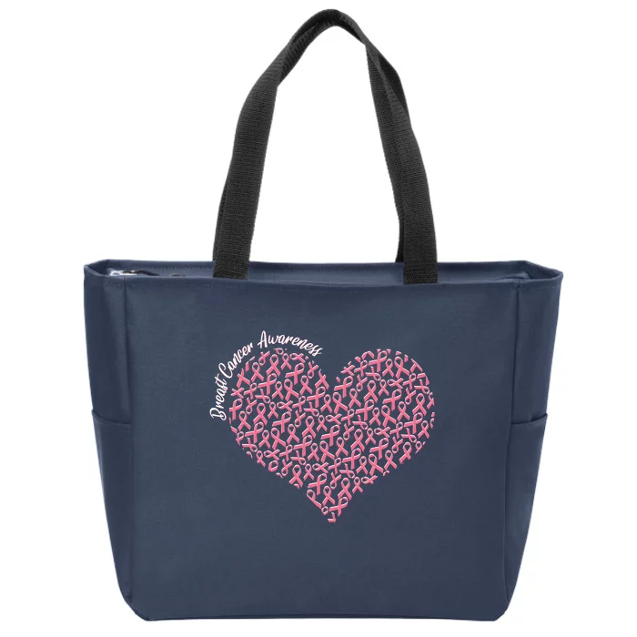 Cute Breast Cancer Awareness Ribbon Pattern Heart Zip Tote Bag