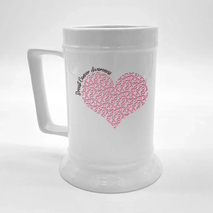 Cute Breast Cancer Awareness Ribbon Pattern Heart Front & Back Beer Stein