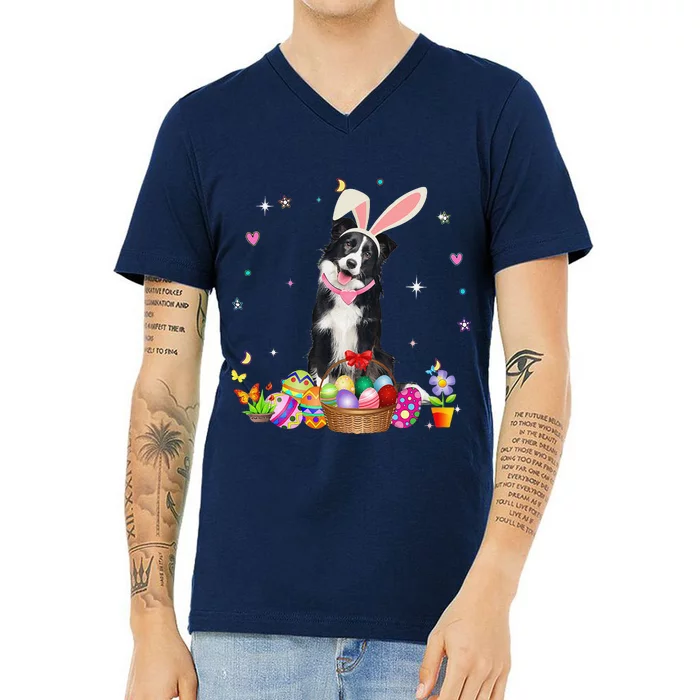 Cute Border Collie Easter Day Bunny Eggs Easter Womens V-Neck T-Shirt