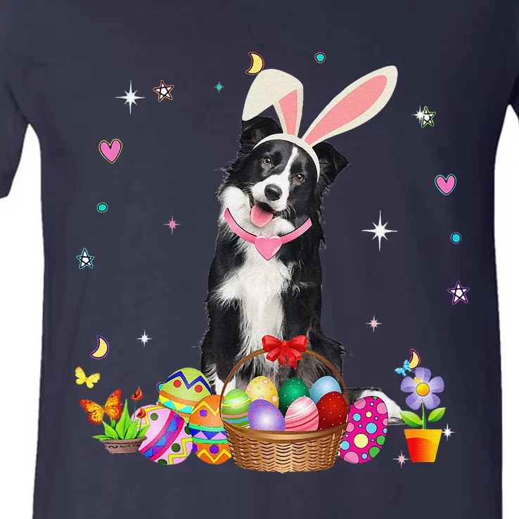 Cute Border Collie Easter Day Bunny Eggs Easter Womens V-Neck T-Shirt