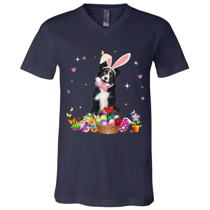 Cute Border Collie Easter Day Bunny Eggs Easter Womens V-Neck T-Shirt